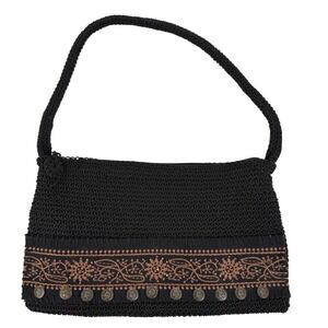 Vintage St Johns Bay Black Crochet Shoulder Bag Coin Charms Embroidered Boho